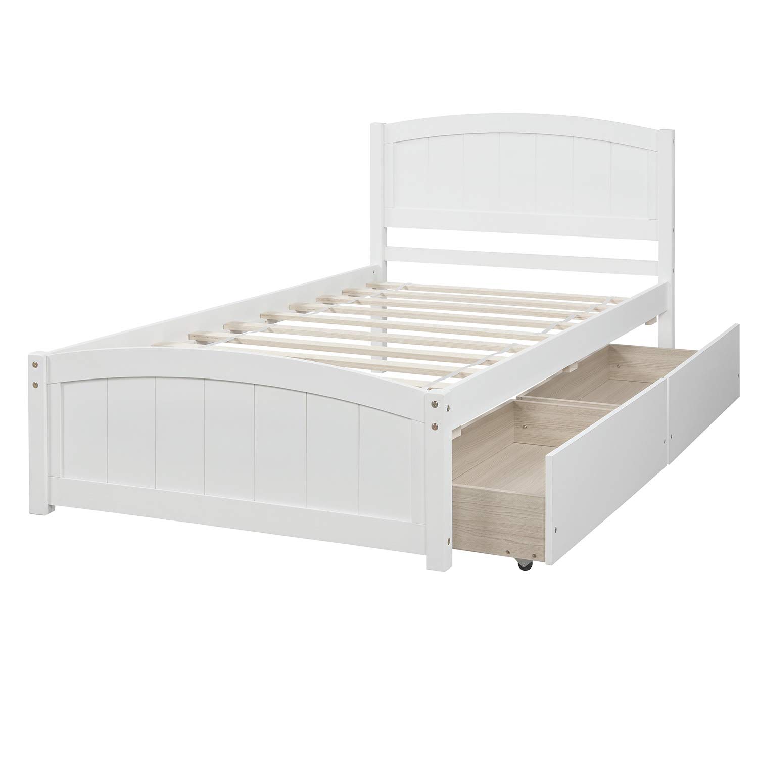 P PURLOVE Solid Wood Twin Size Platform Bed Frame with Storage Drawers & Headboard - Sturdy Wooden Bed for Kids & Teens - Perfect for Small Bedrooms, Guest Rooms & Dormitories