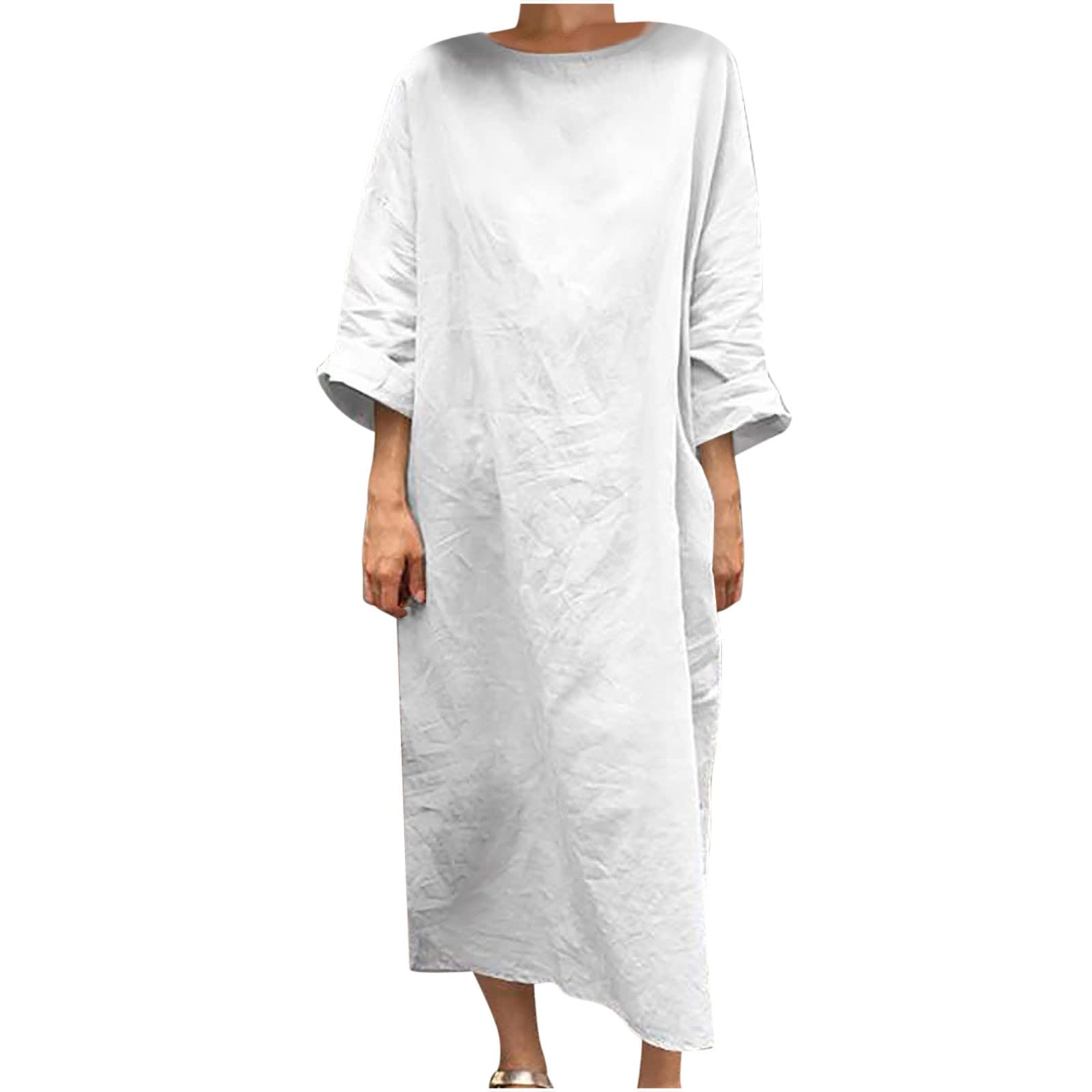 YZHM Women's Casual Linen Long Dress - Solid Color Loose Fit Comfortable Crewneck Midi Dress with 3/4 Sleeves | Perfect for Summer Daily Wear, Beach Outings, and Casual Office Attire
