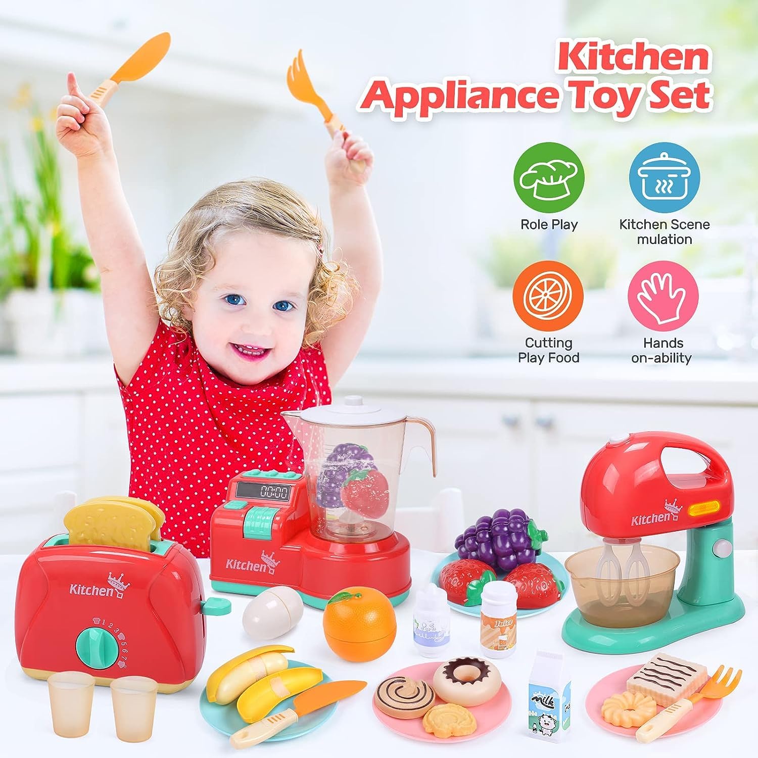 CUTE STONE Interactive Kitchen Utensils Toy Set with Sound & Light, Kids Play Kitchen Mixer, Toaster, Cutting Games, Toddler Pretend Cooking Set for Home & Preschool Learning