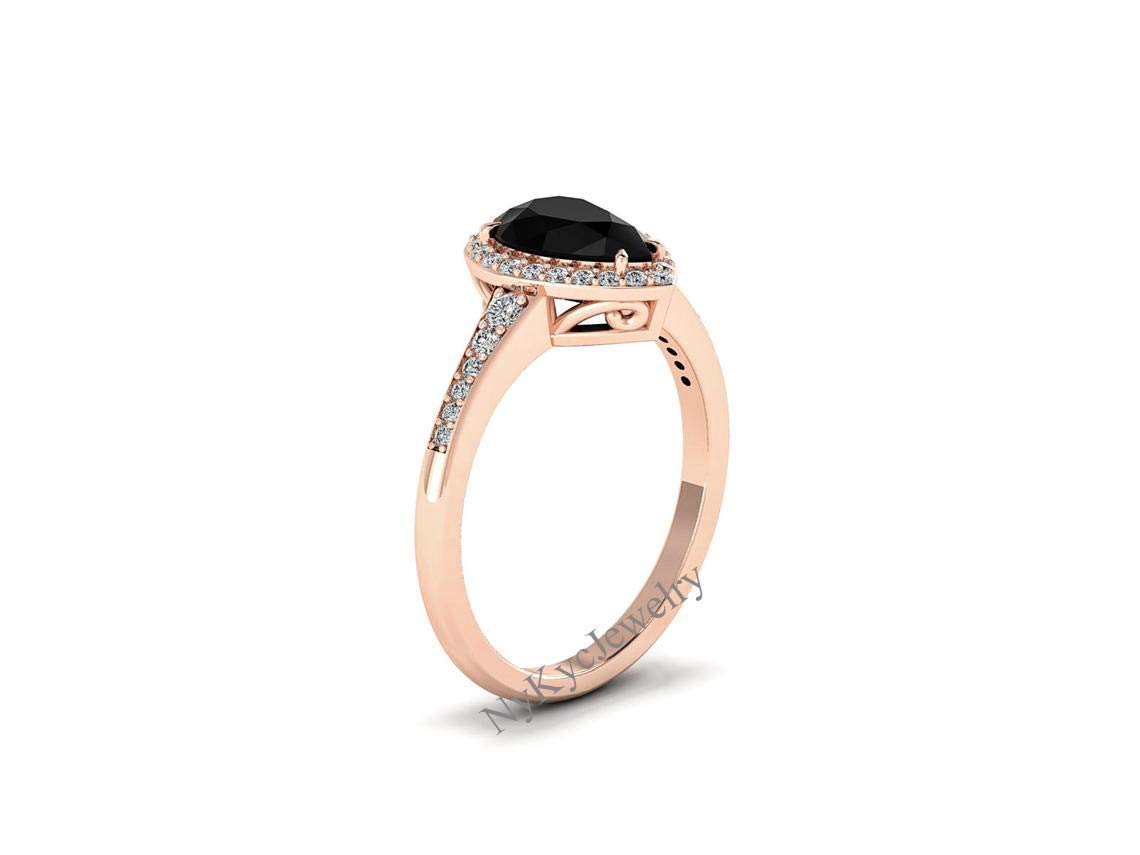 Natural Black Onyx Engagement Ring Sterling Silver - Rose Gold Halo Unique Solitaire Ring for Women - Half Eternity Band - Pear Shape Black Onyx Jewelry - Wedding, Proposal, Anniversary Gift - Perfect for Bridal, Evening Wear & Special Occasions