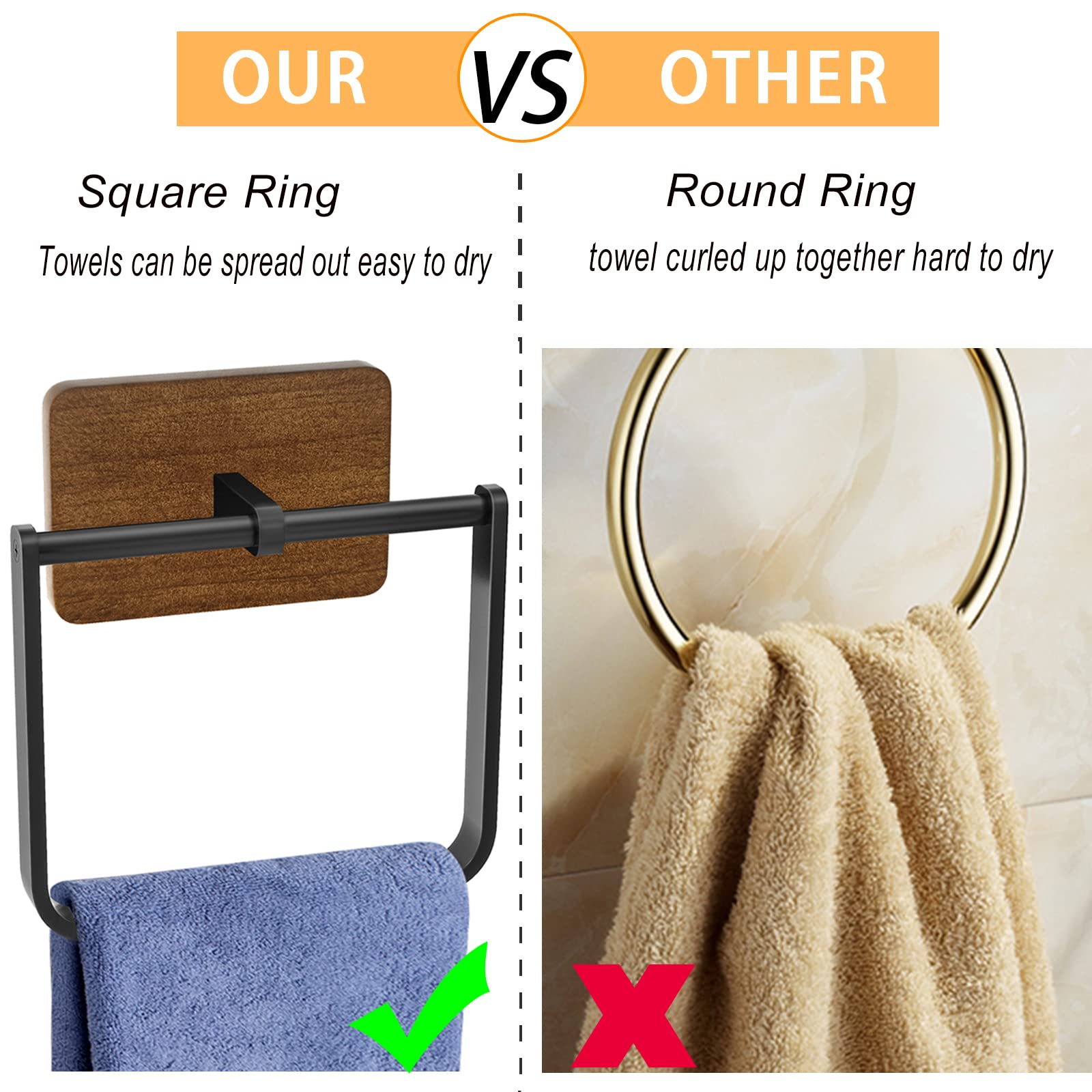 2-Pack Square Towel Ring - Heavy Duty Wall Mounted Hand Towel Holder for Bathroom & Kitchen - Black & Brown - Perfect for Bathroom Decor & Kitchen Organization