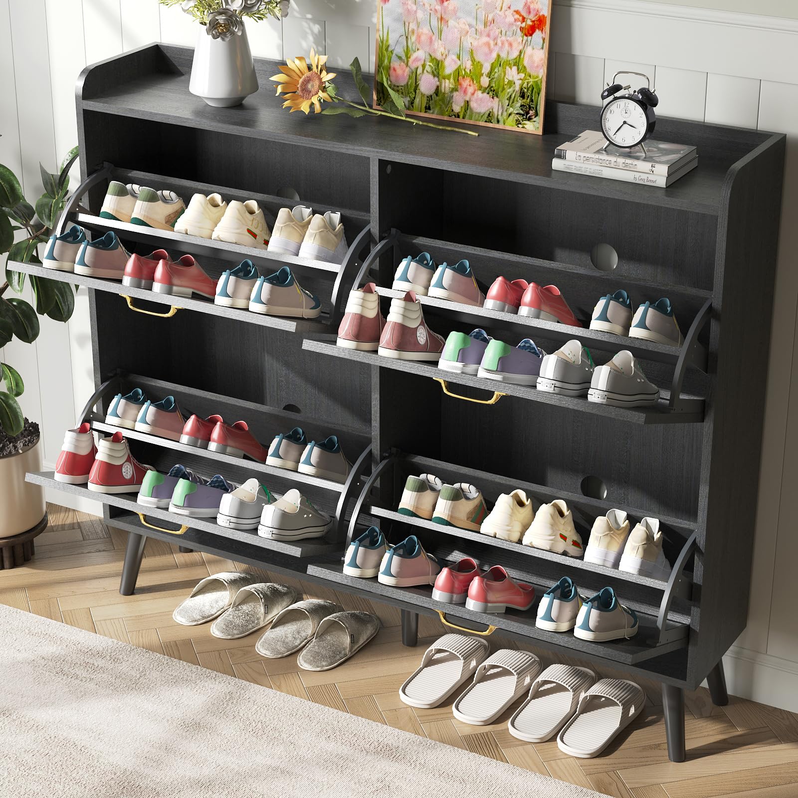 4-Tier Flip-Drawer Shoe Storage Cabinet - Slim Space-Saving Entryway Shoe Organizer for Hallway & Closet | Black Narrow Shoe Rack for Small Spaces | Perfect for Apartments, Dorms & Mudrooms