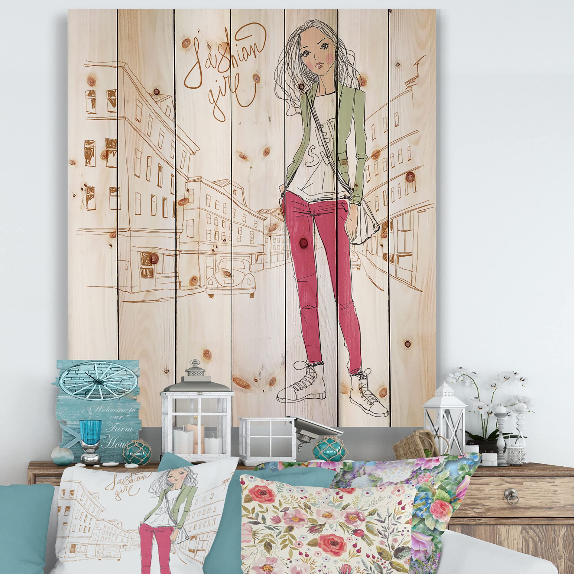 DesignQ Trendy Fashion Girl II Children's Wood Wall Art Decor - Pink Large Wooden Wall Panel with Printed Art on Natural Pine - Perfect for Kids' Room, Nursery, Playroom & Classroom Decor