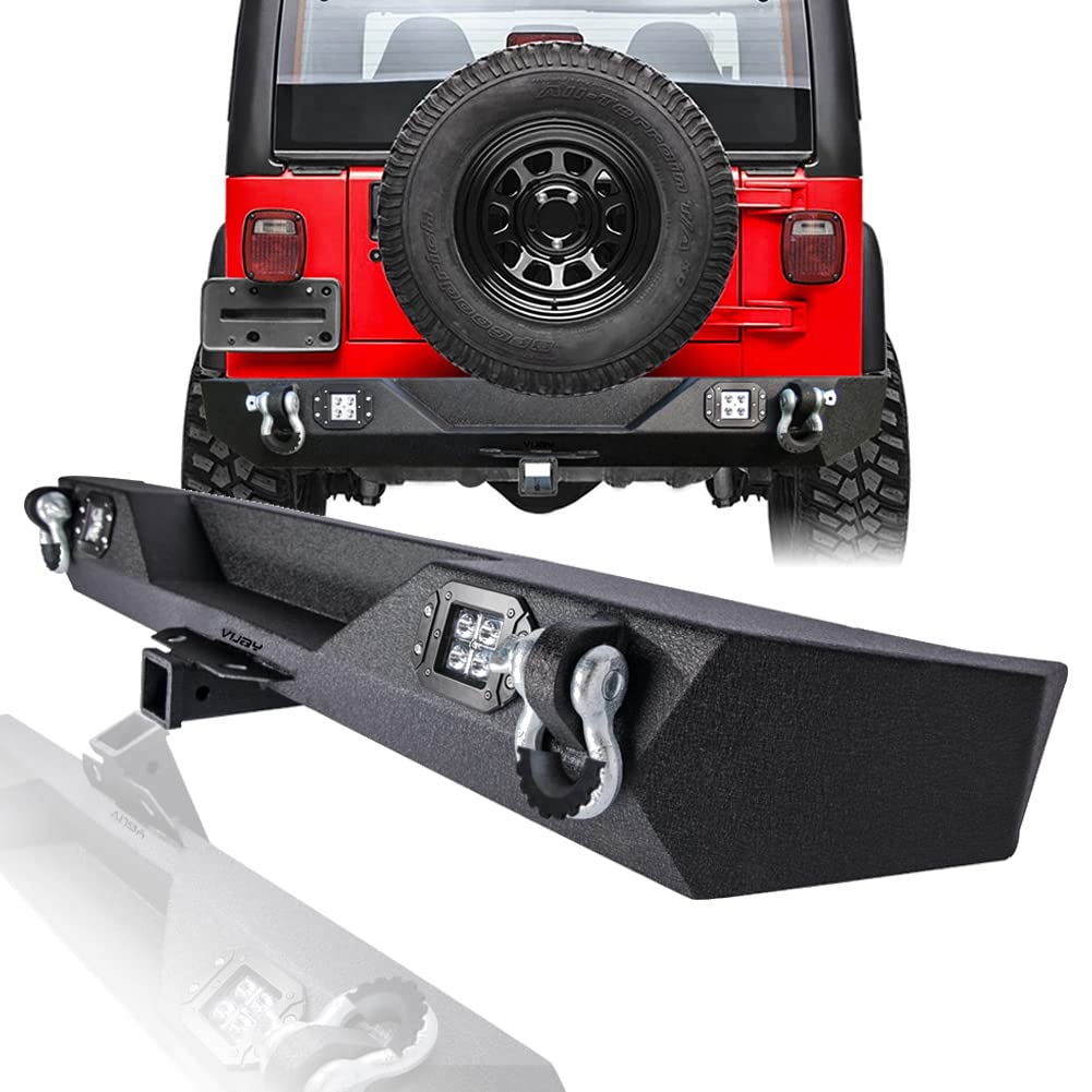 Wrangler Rear Bumper for 87-06 Jeep Wrangler TJ & YJ - Heavy Duty Winch Plate, 2x24W LED Lights & 2.75T D-Rings | Off-Road Adventure & Truck Protection Accessory