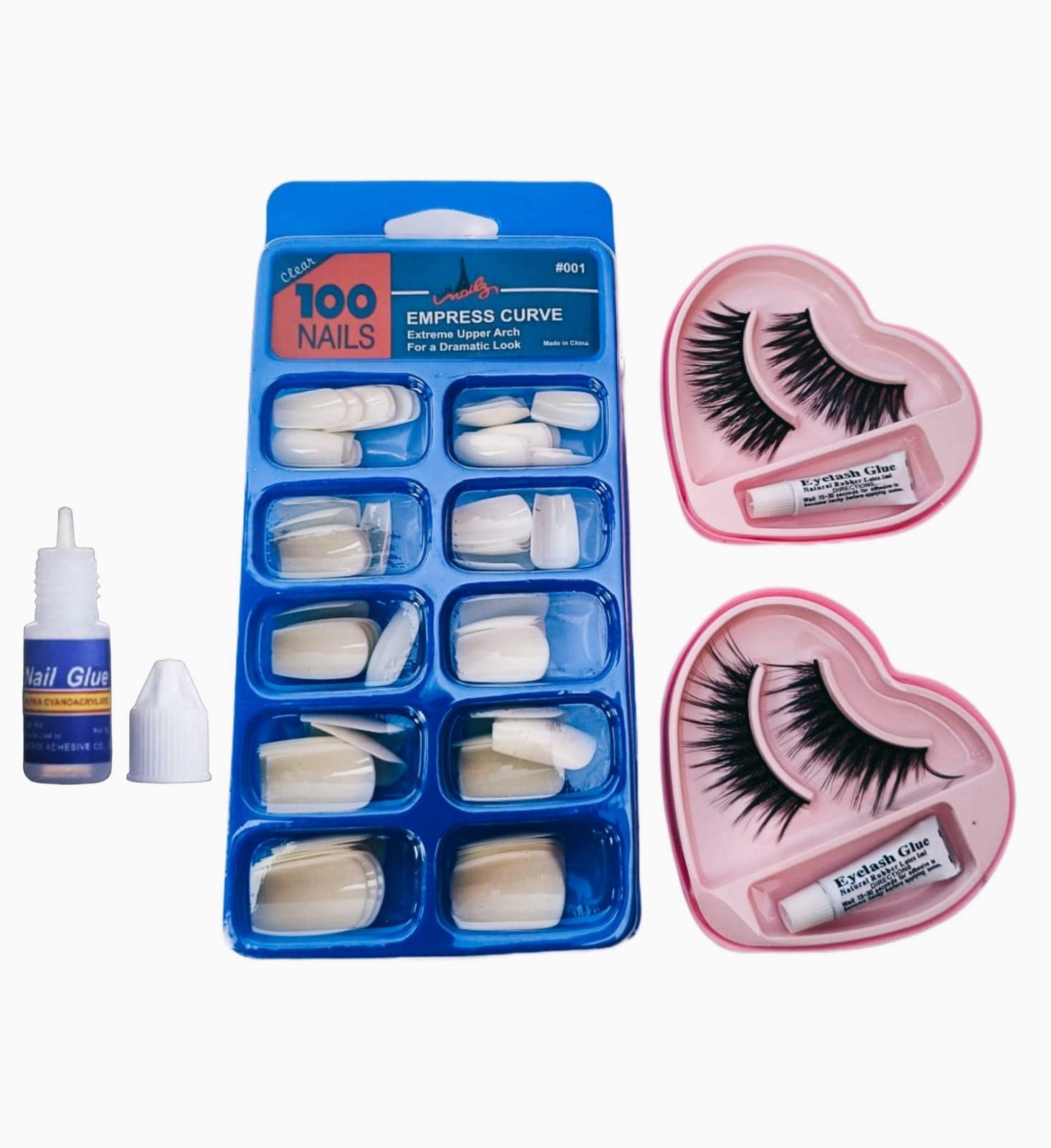 AIR BEAUTY 100-Piece Artificial Nails Kit with Glue & Heart-Shaped Fake Eyelashes - Full Set for Acrylic Nails & Eye Makeup - Perfect for Parties, Weddings, and Special Occasions