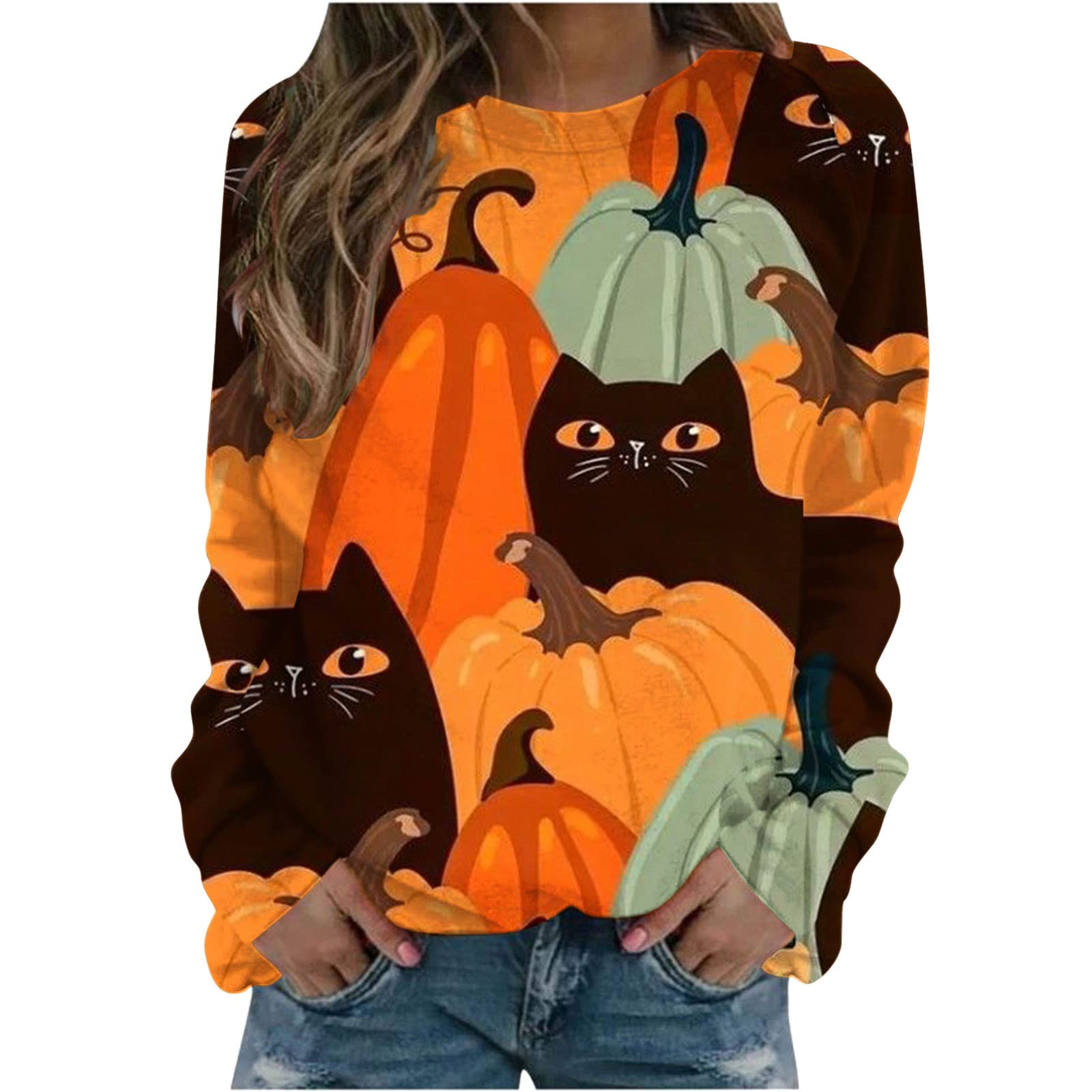 bmkBWO Women's Long Sleeve Pumpkin Print Blouse - Crewneck Loose Casual Pullover Top for Fall Fashion | Perfect for Office Wear, Weekend Outings & Autumn Layering
