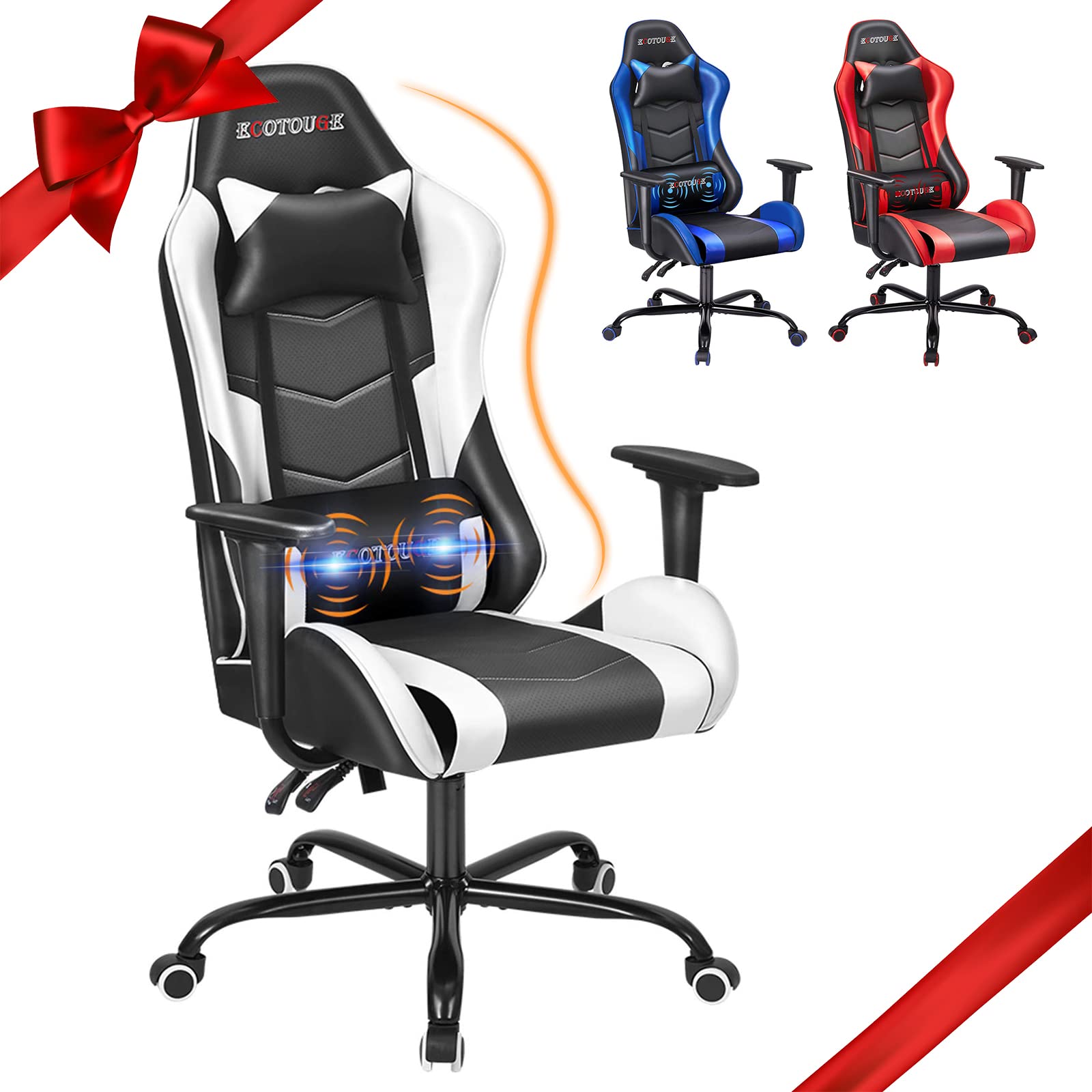 Premium Ergonomic Gaming Chair with Massage & Lumbar Support - PU Leather Racing Style PC/Office Chair with Adjustable Headrest & Recliner - Perfect for Esports, Streaming & Home Office (White)