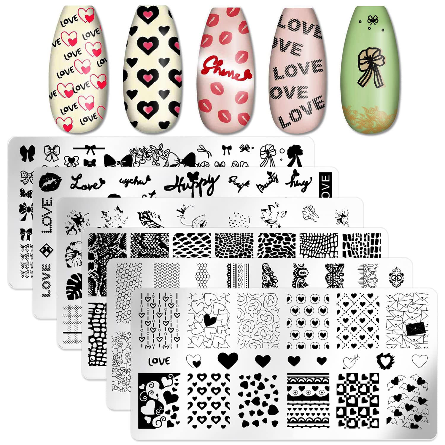 6-Piece Valentine's Day Nail Stamping Kit - Heart Nail Art Stamps, Holiday Nail Template Plates & Nail Art Supplies | Perfect for DIY Manicures, Home Nail Salons & Gift Giving