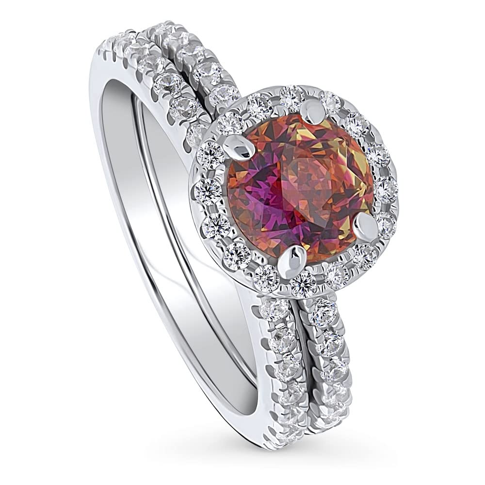 Sterling Silver Halo Wedding & Engagement Ring Set with Red Orange Round Cut Cubic Zirconia for Women, Rhodium Plated Size 4-10 - Perfect for Proposals, Anniversaries & Special Occasions