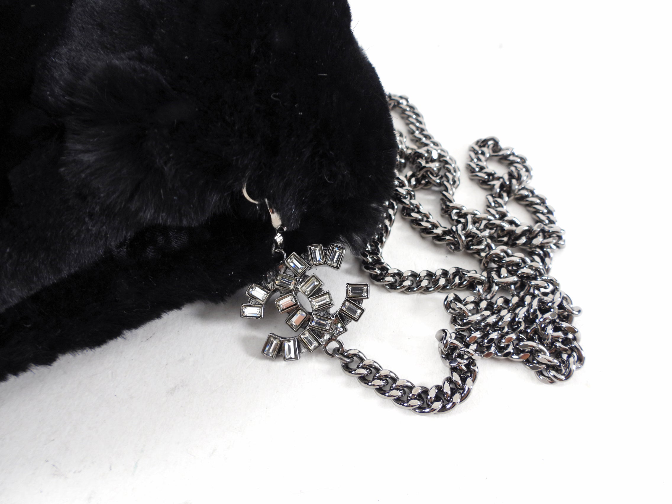 Chanel Black Fur Muff with Crystal CC Chain - Luxury Winter Hand Warmer for Women, Perfect for Cold Weather & Fashion Accessories