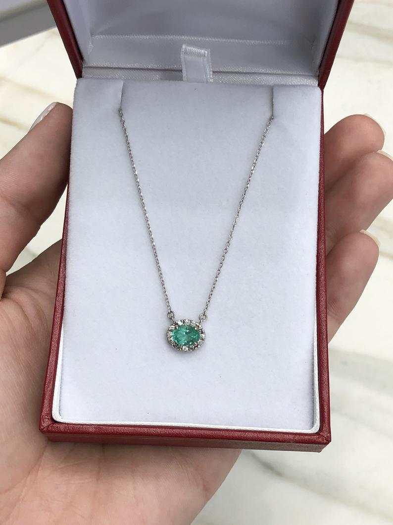 1.10tcw Oval Emerald & Diamond Halo Necklace in 14K Gold - Elegant Jewelry for Women, Perfect for Weddings, Anniversaries & Special Occasions