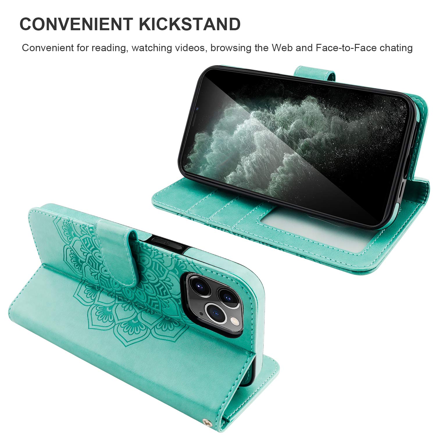 KIHUWEY iPhone 12 Pro Max Wallet Case (6.7 Inch) - PU Leather Mandala Flower Embossed Cover with Card Holder, Wrist Strap, Kickstand & Lanyard | Protective Phone Purse for Women | Mint Green | Perfect for Travel, Shopping & Everyday Use