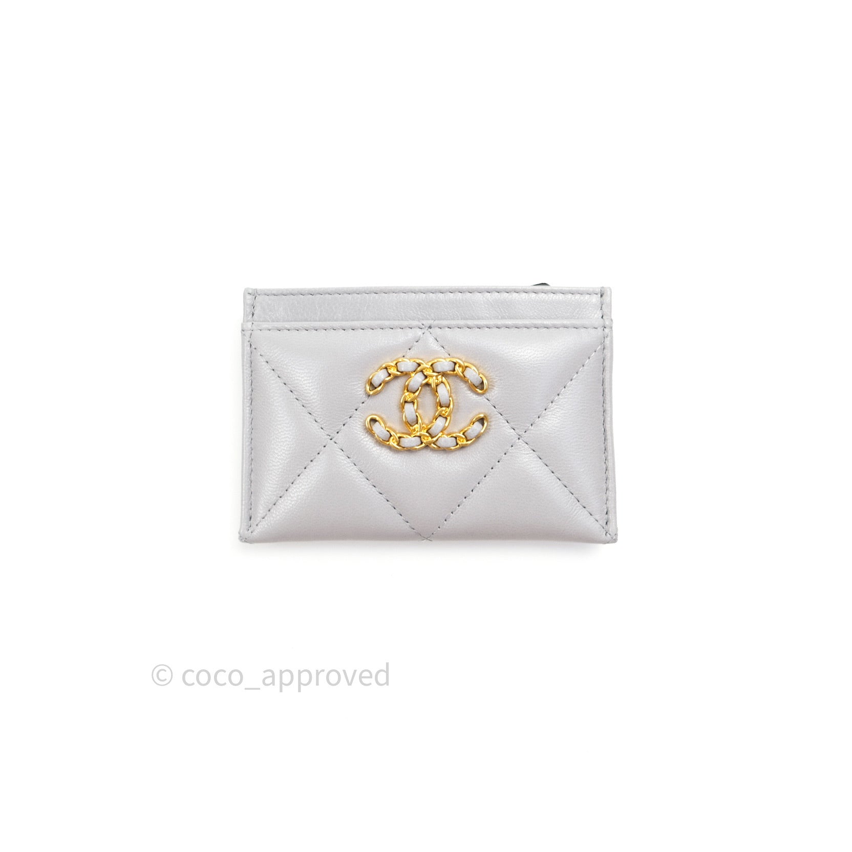 Chanel 19 Quilted Grey Leather Flat Card Holder Wallet - Luxury Compact Card Case for Everyday Use, Travel & Gift Giving