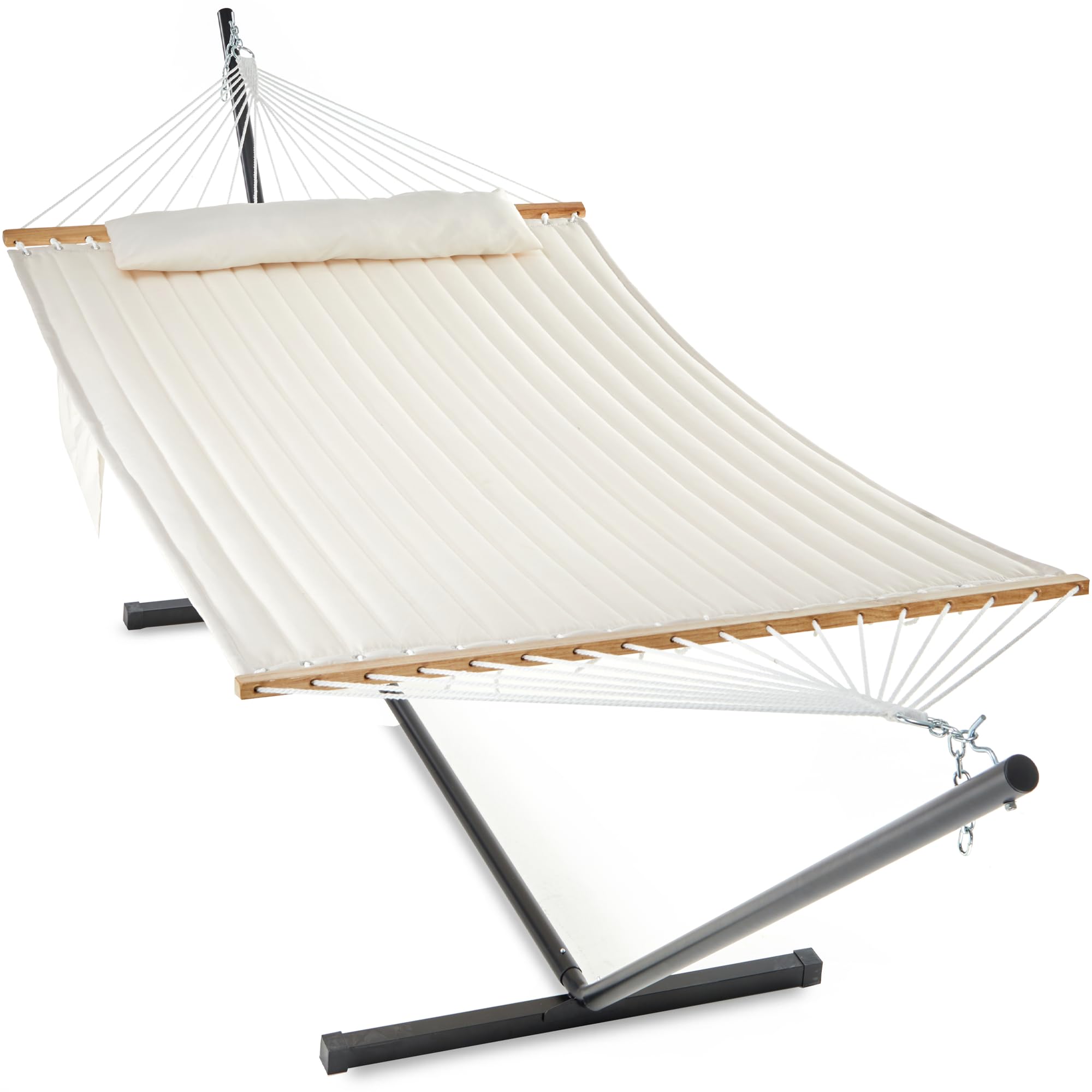 2 Person Hammock with Stand for Outdoor Use - 12ft Heavy Duty Steel Frame, Double Hammock with Hardwood Spreader Bar - Includes Large Removable Pillow & Side Pockets - Supports 475 lbs Weight Capacity (Beige) - Perfect for Backyard Relaxation, Camping Trips and Beach Vacations