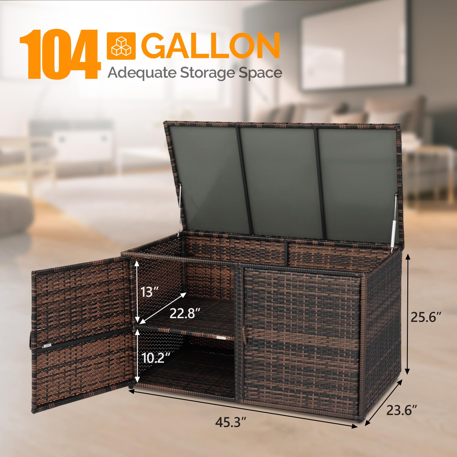 VINGLI 104 Gallon Outdoor Rattan Deck Box with Openable Doors - Waterproof Wicker Storage Container for Patio Furniture Cushions, Garden Tools, Pool Toys - Perfect for Backyard, Balcony, Porch & Poolside Storage (Brown)