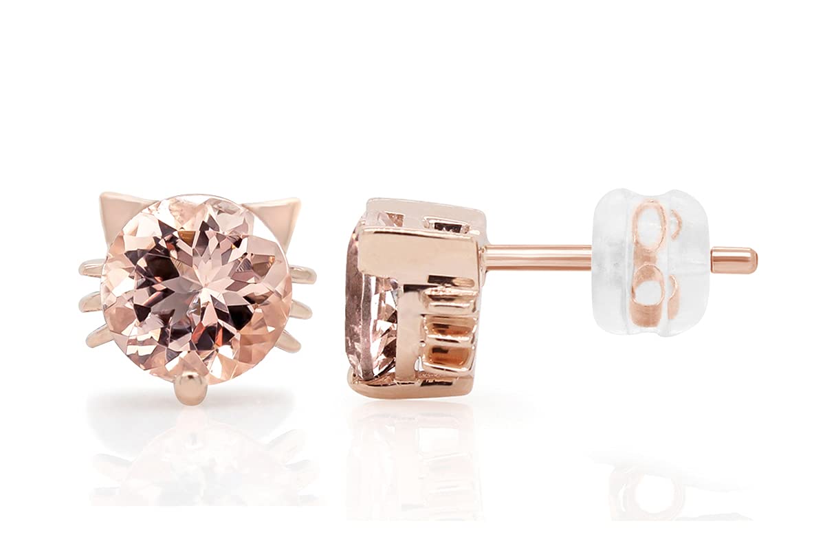 1.50 CTW Peach Morganite Cat Stud Earrings in 14K Gold Over Sterling Silver - Blush Round Cut 6MM Gemstone Jewelry for Women, Anniversary & Wedding Gifts | Elegant Everyday Wear & Special Occasions