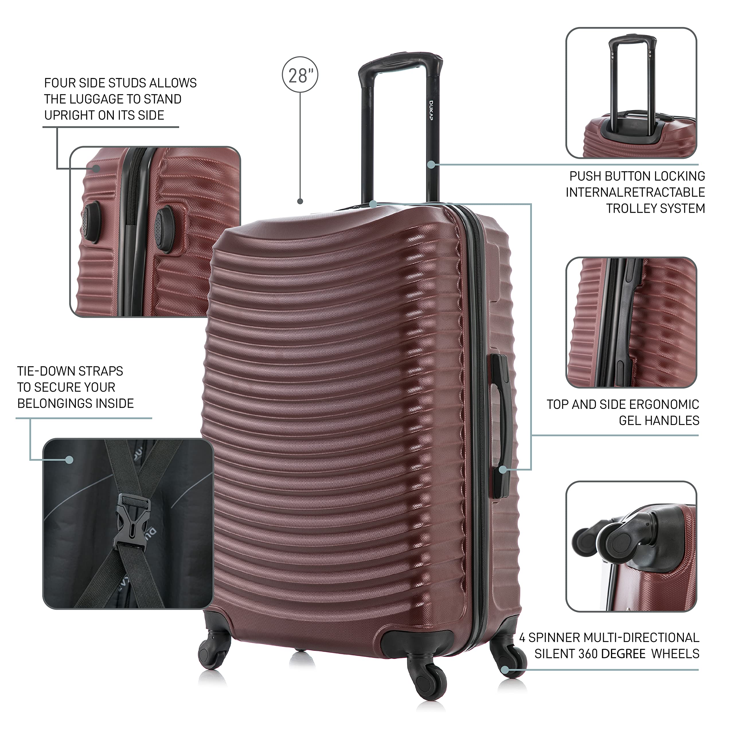 DUKAP ADLY 3-Piece Hardshell Luggage Set with Spinner Wheels - 20in, 24in & 28in Lightweight Durable Suitcases with Retractable Handle & TSA Lock - Perfect for Air Travel, Business Trips & Family Vacations (Wine Red)