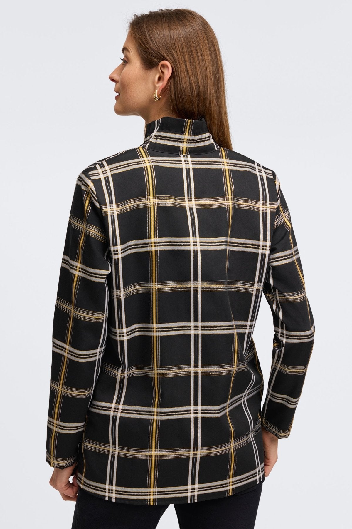 Carolina Gold & Silver Lurex Plaid Long Sleeve Shirt Jacket for Women - Stylish Fall Winter Fashion Outerwear - Perfect for Office, Party & Casual Outings