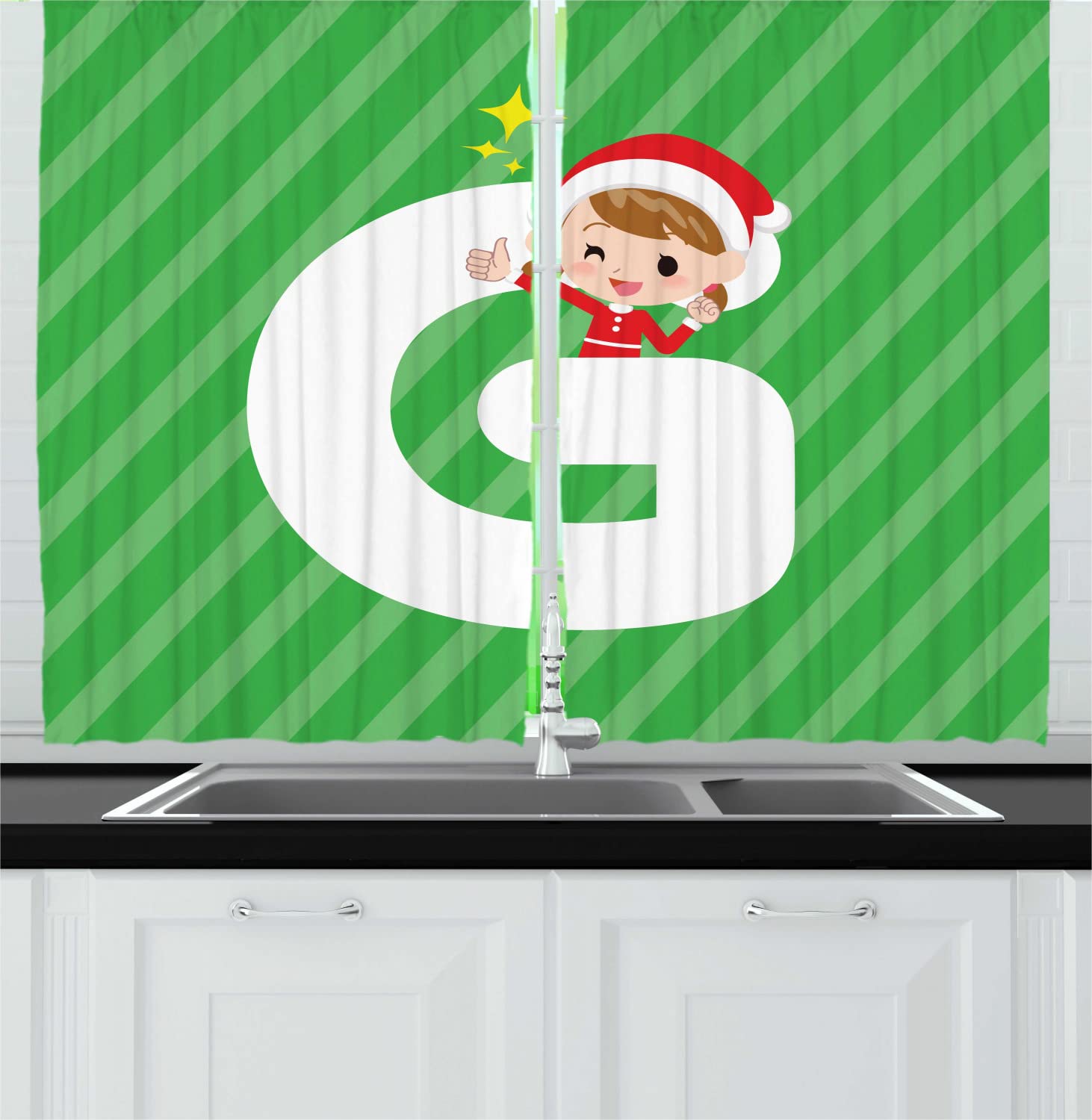 Ambesonne Christmas Alphabet Kitchen Curtains - Santa Female on Letter G with Green Background, 2 Panels Rod Pocket Drapes 55
