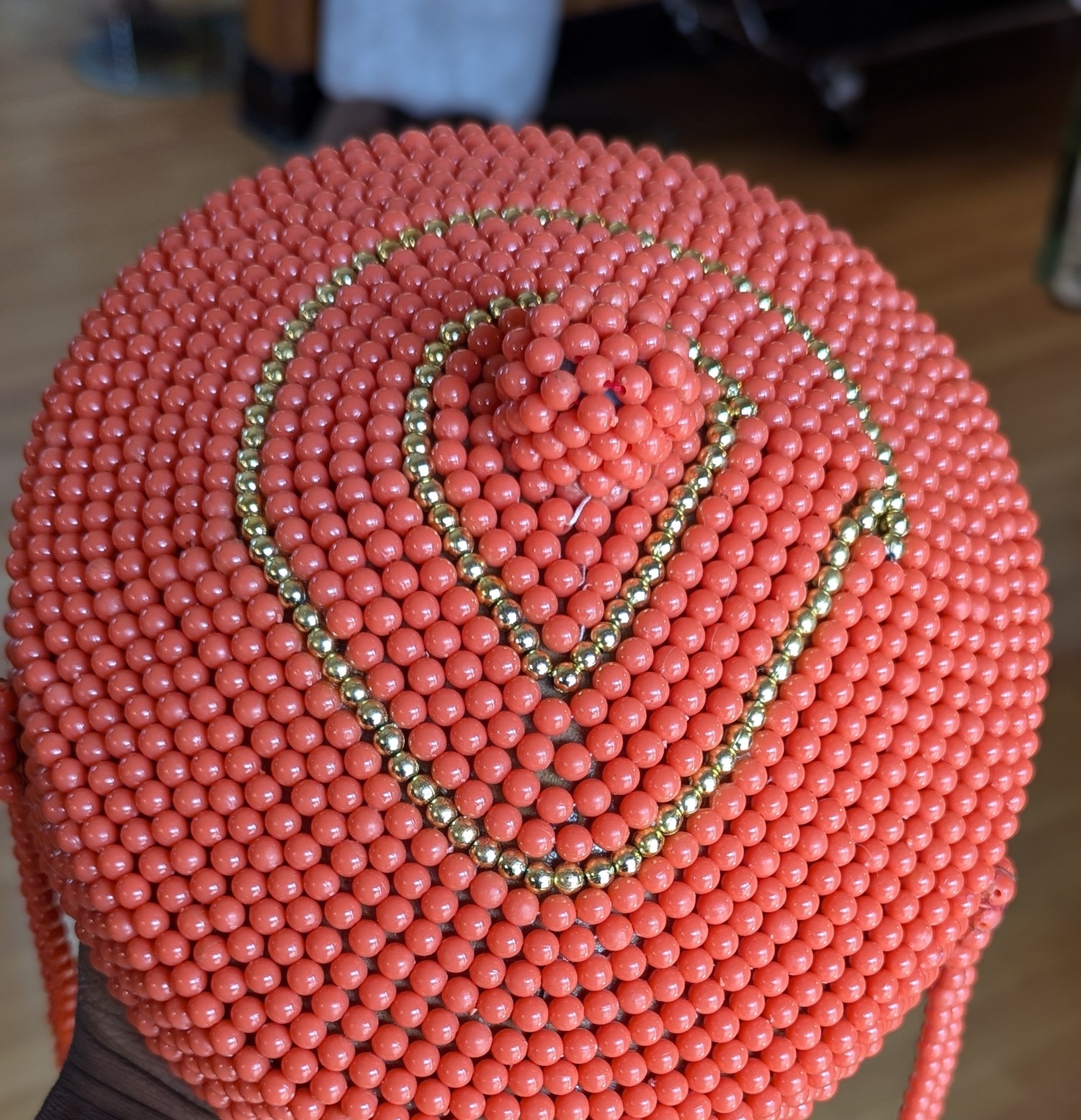 Handmade African Edo Igbo Beaded Crown Hat with Gold Trim - Majestic Orange Tribal Headpiece for Cultural Events, Weddings & Festivals | DPBHOG11