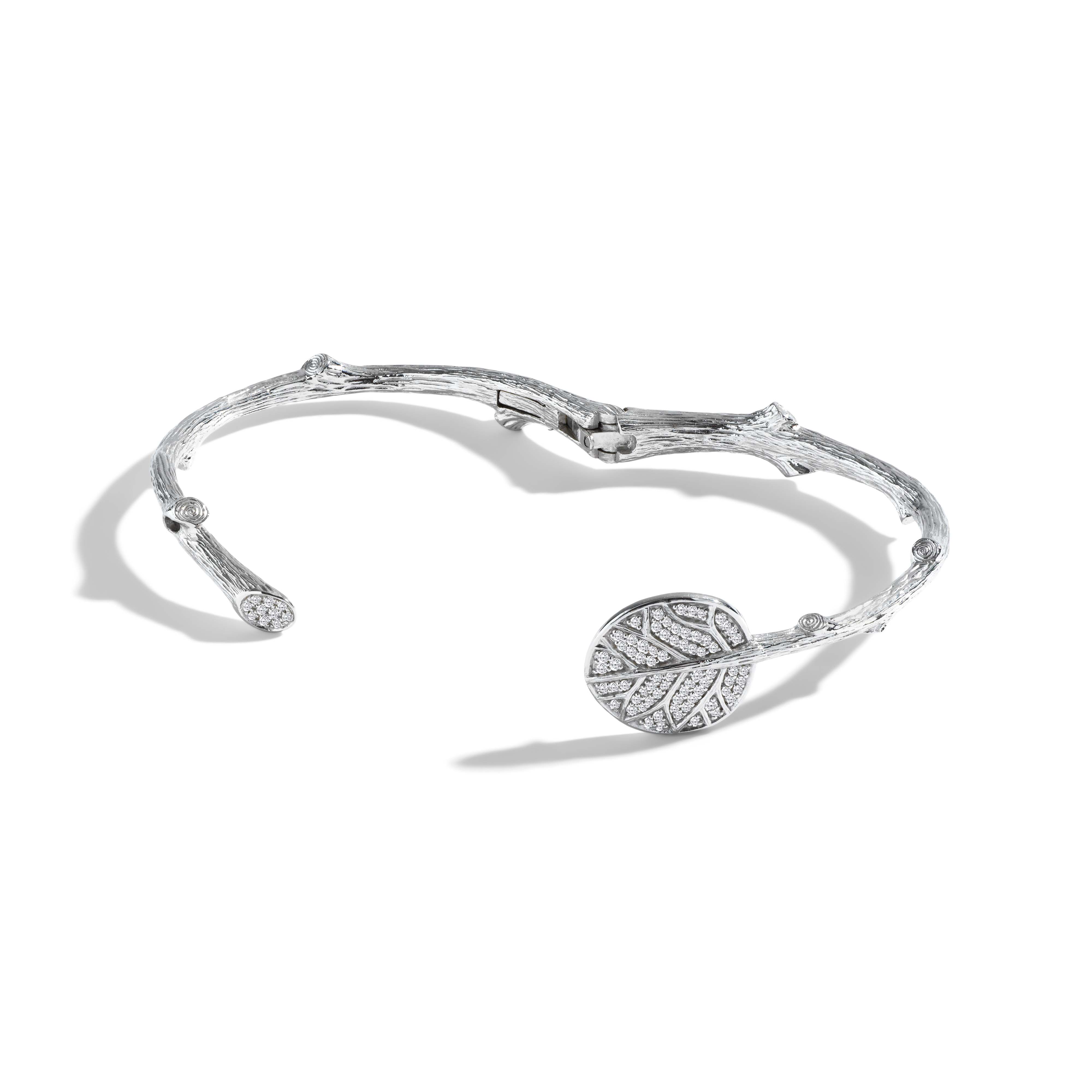 Elegant Botanical Leaf Bangle Bracelet with Genuine Diamonds - Sterling Silver Jewelry for Women - Perfect for Weddings, Parties & Special Occasions