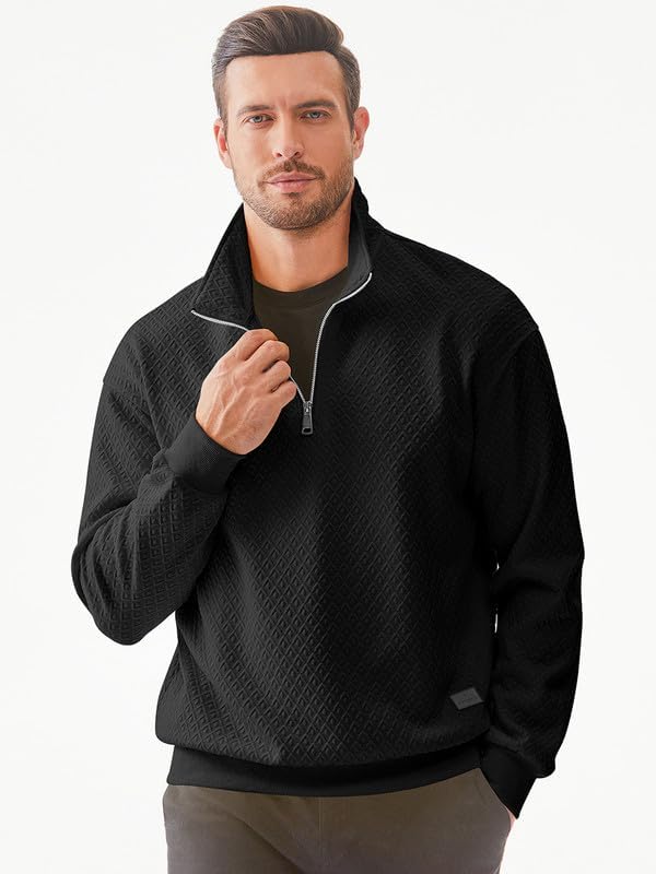 Men's Quarter Zip Sweatshirt - Casual Mock Neck Pullover with Geometric Waffle Texture | Long Sleeve Solid Color Fleece Top for Outdoor Activities & Lounge Wear