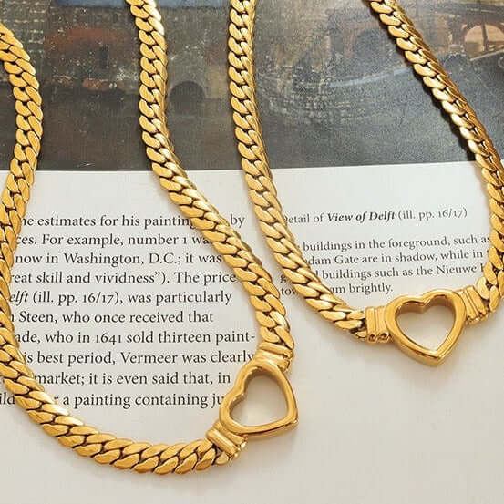 18K Gold Curb Chain Heart Choker Necklace for Women - Elegant Layered Necklace Jewelry Gift for Valentine's Day, Anniversary & Special Occasions | P621