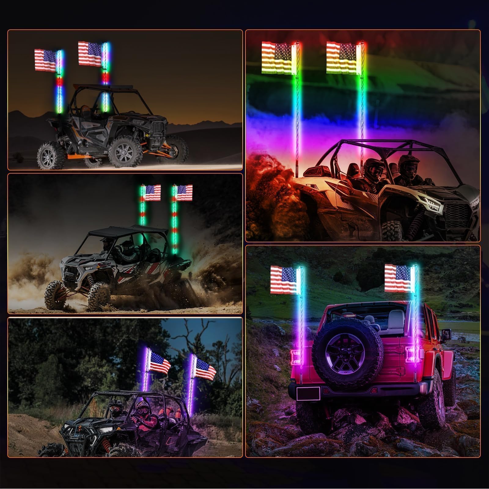 AKD 2Pcs 5FT RGB LED Whip Lights for UTV ATV SXS - Remote Control Spiral Chasing Lights with Flags | Compatible with Polaris RZR, Can-Am, Kawasaki, Honda, Yamaha | Perfect for Off-Roading, Night Rides & Boat Parties