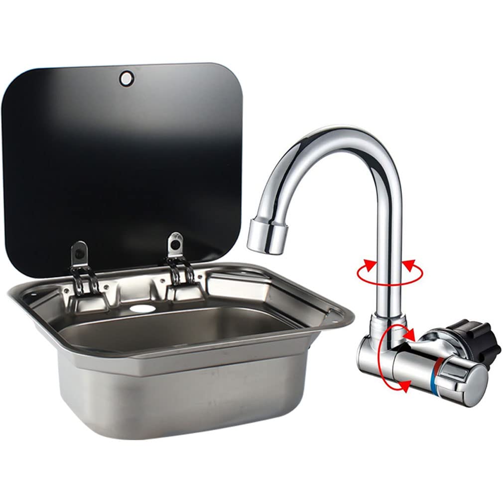 Stainless Steel RV Kitchen Sink with Foldable Faucet & Tempered Glass Cover - Compact Hand Wash Basin for Camper, Trailer, Caravan (Includes Faucet) | Perfect for Outdoor Cooking, Camping Trips & Mobile Living