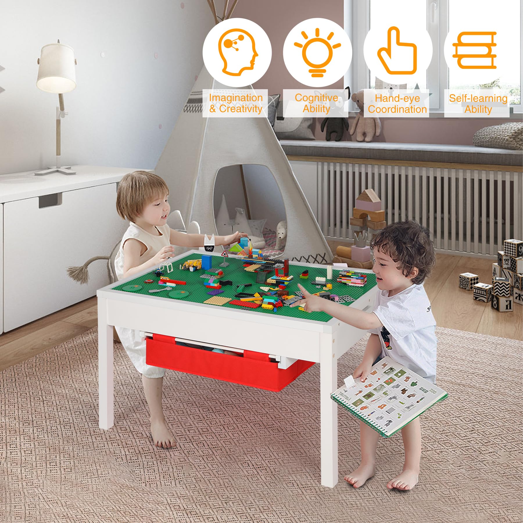 RedSwing 2-in-1 Kids Activity Table with Storage | Large Play Table for Boys & Girls Ages 5-12 | White Multi-Functional Kids Furniture for Arts, Crafts & Learning Activities