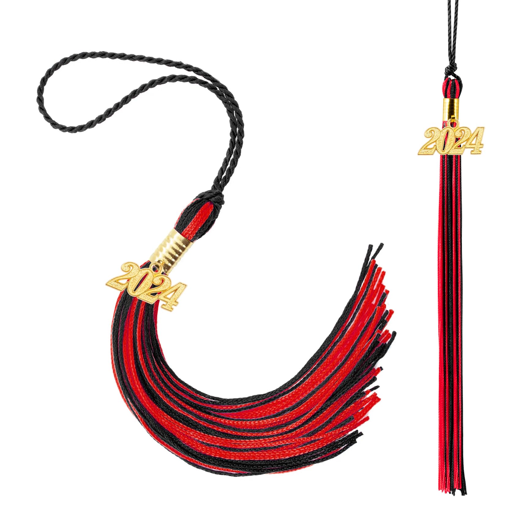 2024 Graduation Tassel Set - 2 Pack Red & Black Cap Tassels with Year Charm | Commencement Accessories for High School & College Graduation Ceremonies, Photo Props, Party Decorations