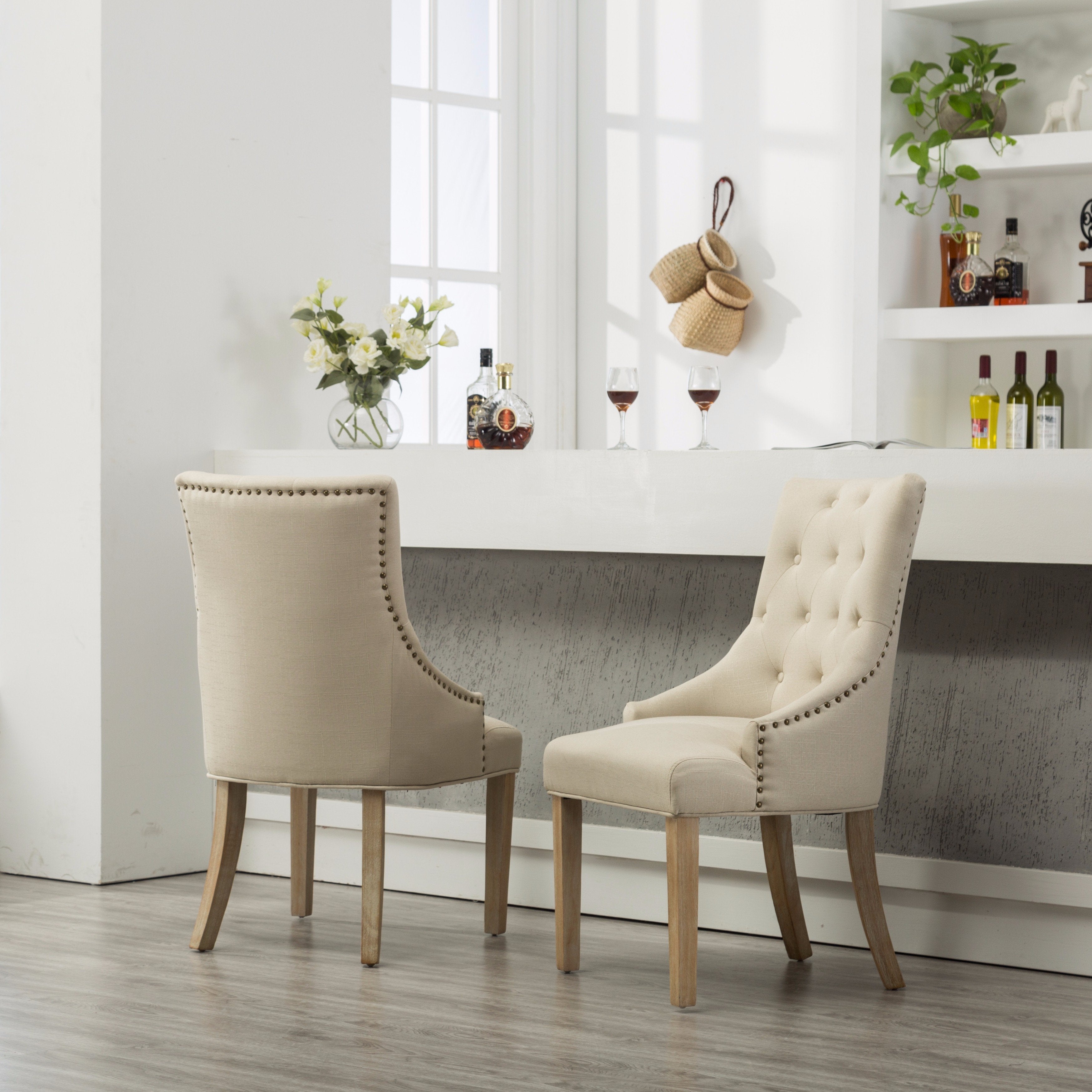 Roundhill Furniture Solid Wood Wingback Hostess Chairs - Button Tufted with Nail Heads, Tan (Set of 2) - Perfect for Dining Room, Living Room or Home Office Decor