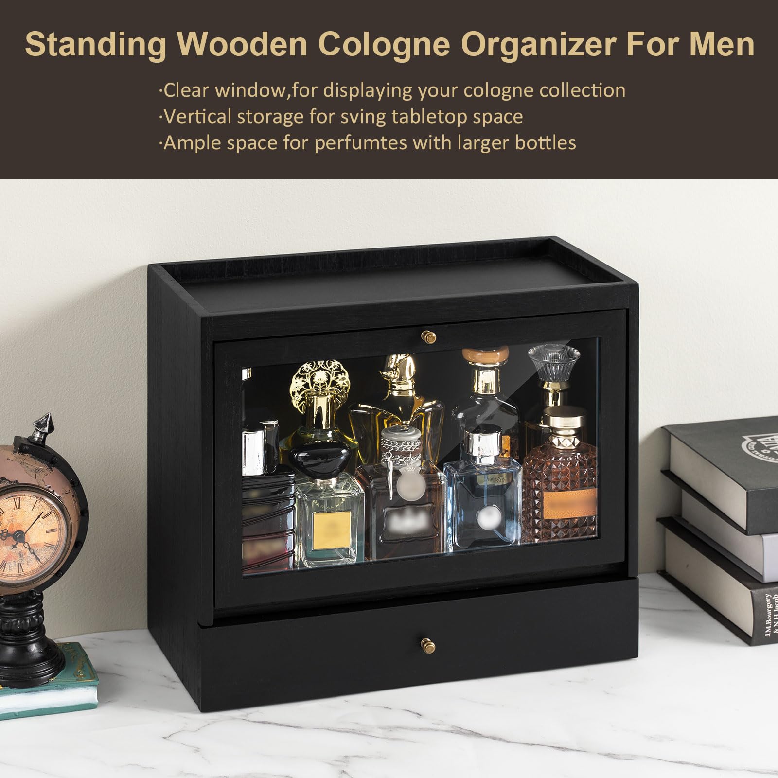 Premium Solid Wood Cologne Organizer for Men - Large Capacity Perfume Stand with Dustproof Drawer Storage - Stylish Dresser Top Fragrance Display - Perfect Gift for Men (Black) - Ideal for Bedroom, Bathroom & Vanity Organization