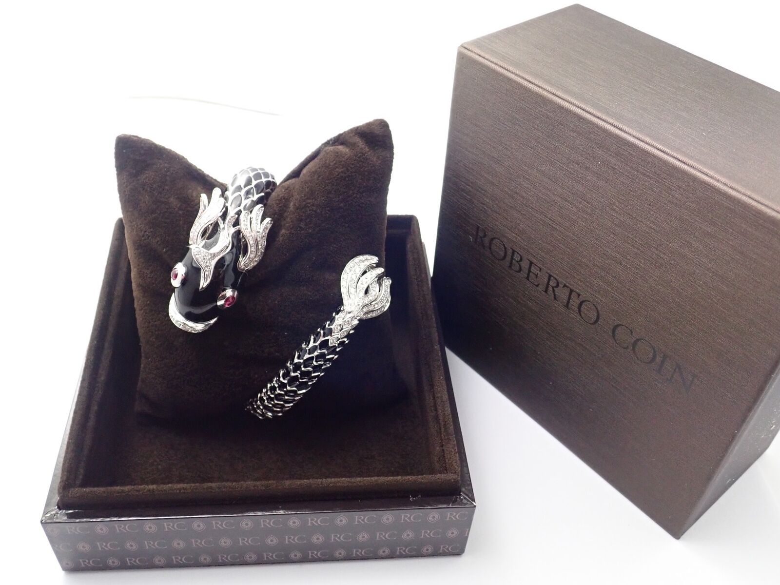 Authentic Roberto Coin Nemo 18k White Gold Diamond & Ruby Enamel Cuff Bracelet | Luxury Jewelry for Women | Perfect for Weddings, Parties & Special Occasions