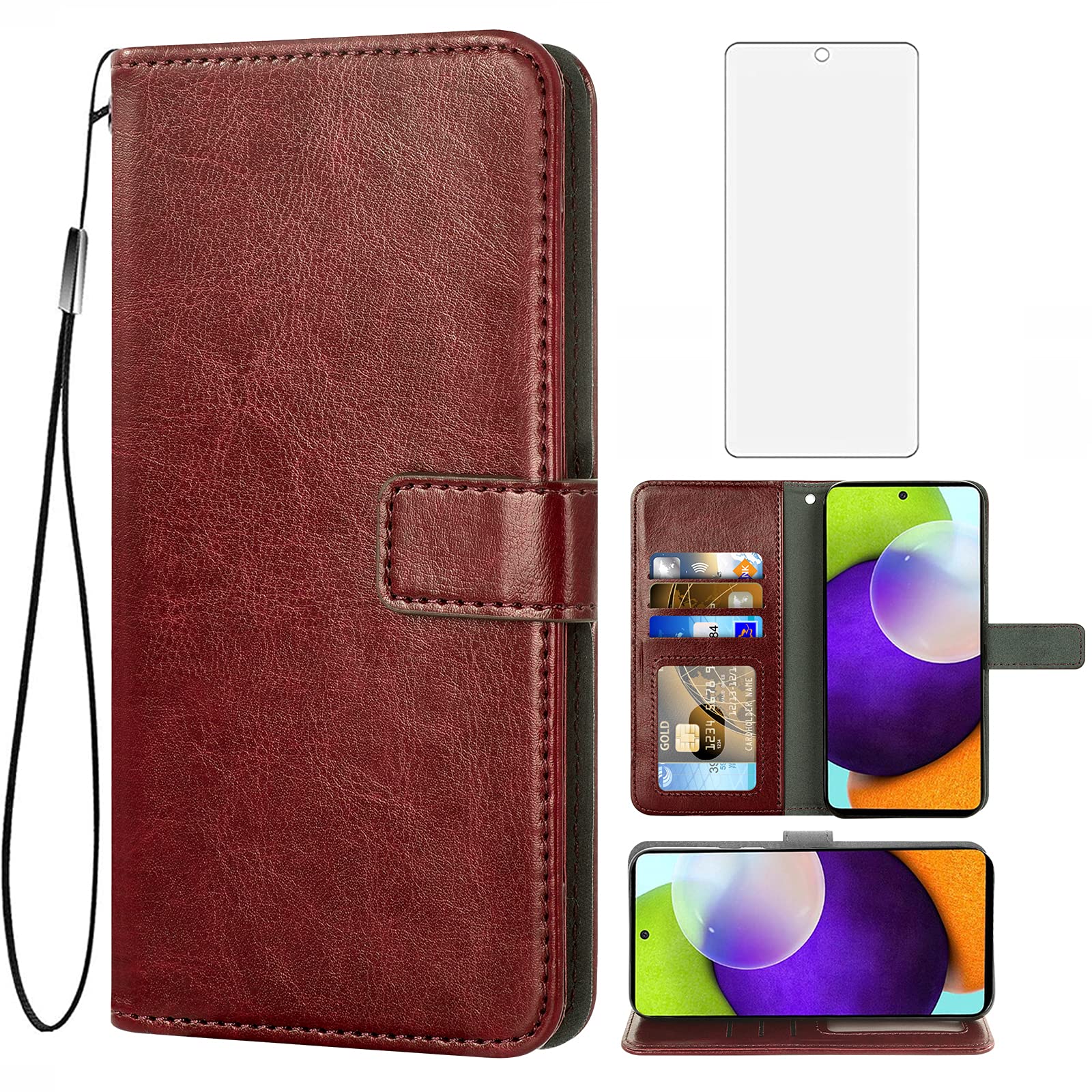 Premium Samsung Galaxy A52 5G/4G Wallet Case with Tempered Glass Screen Protector - Leather Flip Cover with Card Holder & Stand - Stylish Brown Phone Case for Men & Women - Perfect for Work, Travel & Daily Protection
