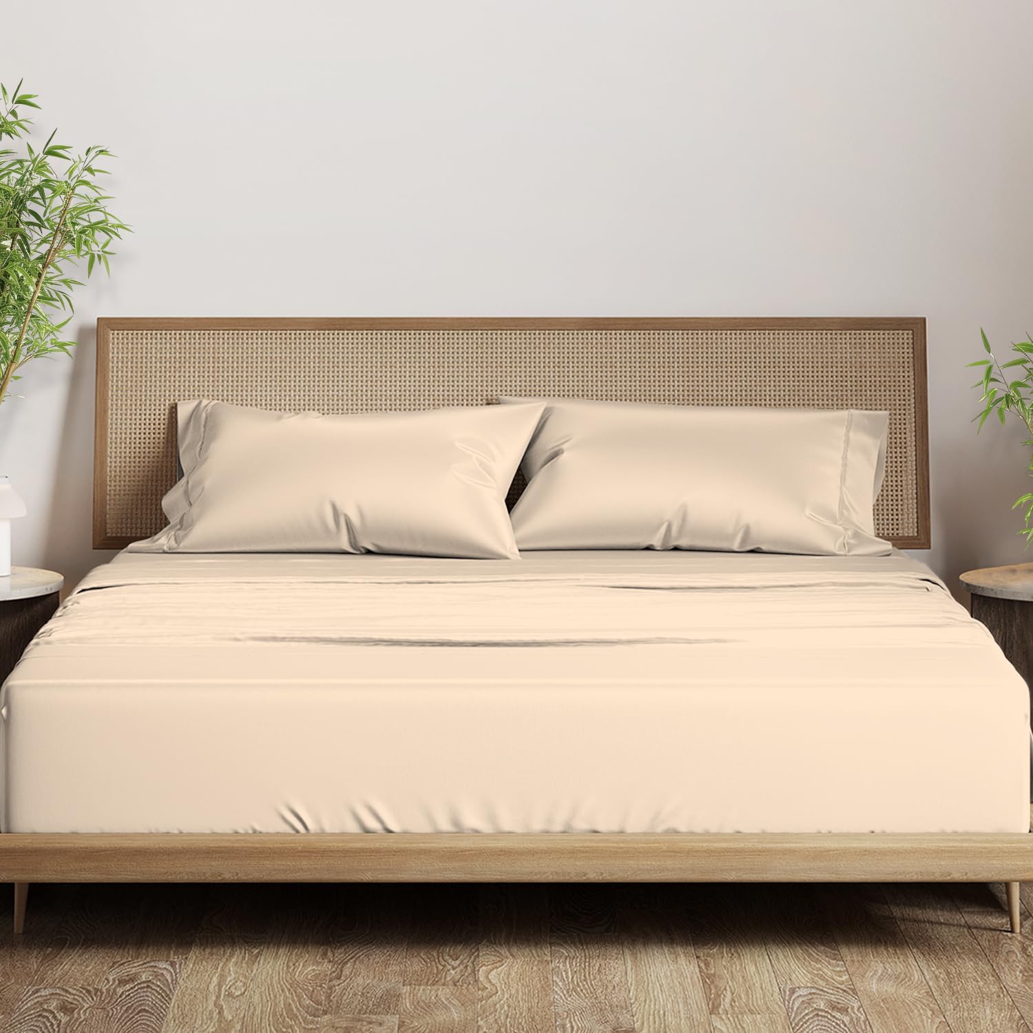 80% Cotton 20% Bamboo Viscose Queen Sheet Set - 4-Piece Silky Soft Cooling Bed Sheets for Queen Size Beds, Fits Up to 18