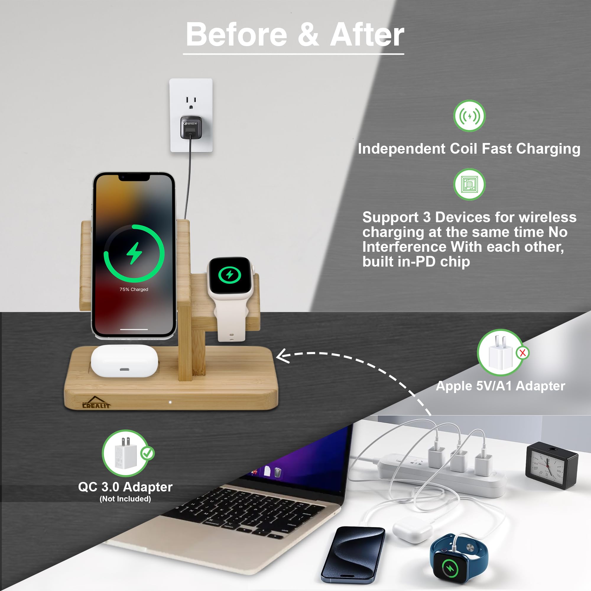 3-in-1 Bamboo Wireless Charging Station with Magsafe - Fast Charger for iPhone 12/13/14/15/16, Apple Watch & AirPods | Perfect for Nightstand, Office Desk & Travel Charging