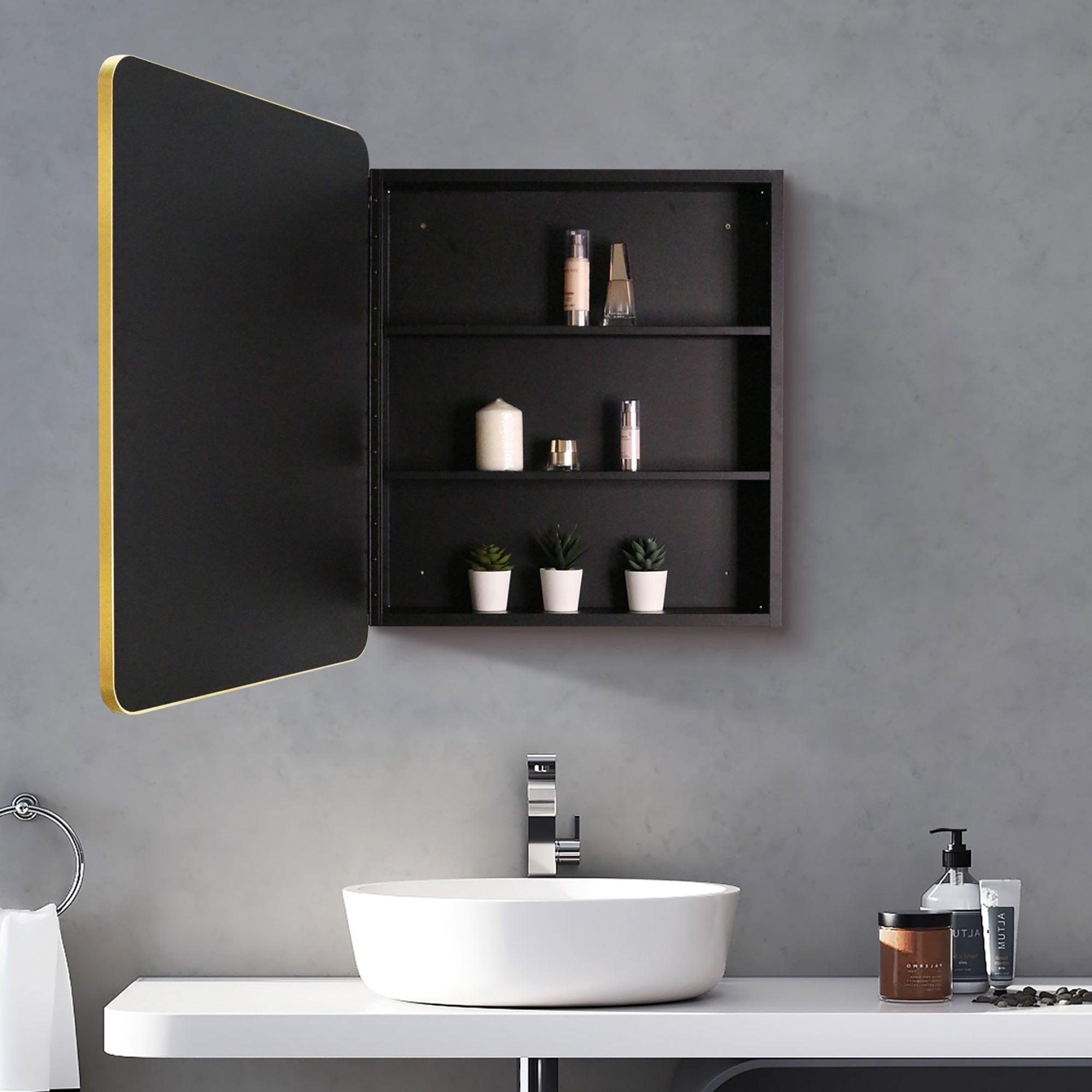 Gold Metal Framed Bathroom Medicine Cabinet with Mirror - Wall Mount or Recessed Installation for Modern Bathrooms, Powder Rooms & Vanity Areas