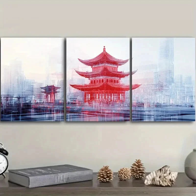 3pcs Chinese Style Pagoda Art Painting - Metal Print Wall Decor Ready to Hang - Perfect for Living Room, Bedroom & Office Decor