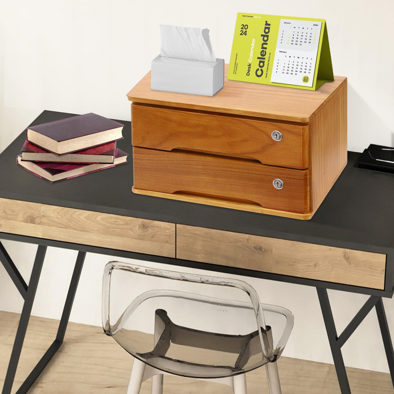 Wooden Desktop Storage Box with Lockable Drawers - Jewelry Organizer, File Holder & Desk Organizer for Office, Home & Craft Room | Small Library Card Catalog Cabinet for Apothecary Style Decor