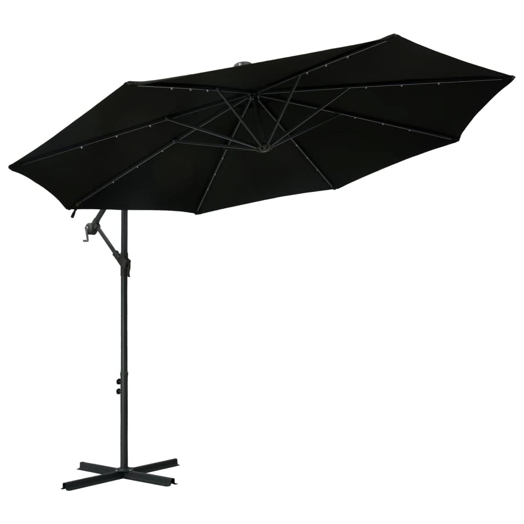 iFCOW 10ft LED Cantilever Umbrella with Steel Pole - Outdoor Patio Umbrella with Adjustable Tilt for Deck, Poolside, Garden, and Backyard (Black)
