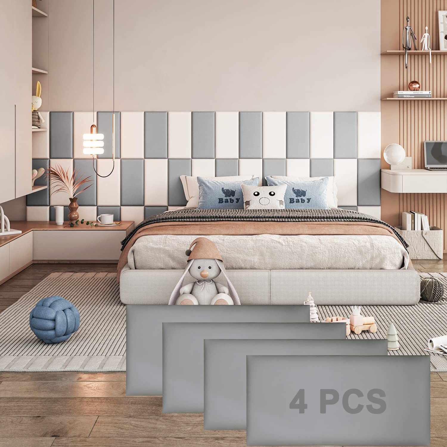 Peel and Stick Headboard - Grey Upholstered Wall Panels (4-Pack) - 3D Anti-Collision Wall Padding - Wall Mounted Headboard with Soundproofing - Perfect for Bedroom, Dorm, Apartment & Home Decor
