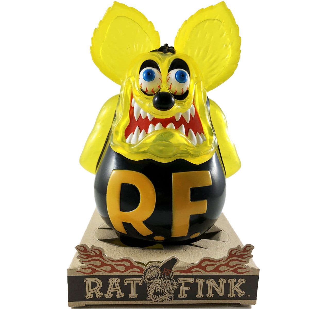 Ed Roth x Secret Base Sofubi Rat Fink Translucent Yellow Vinyl Figure - Collectible Art Toy for Display, Gifts & Pop Culture Enthusiasts