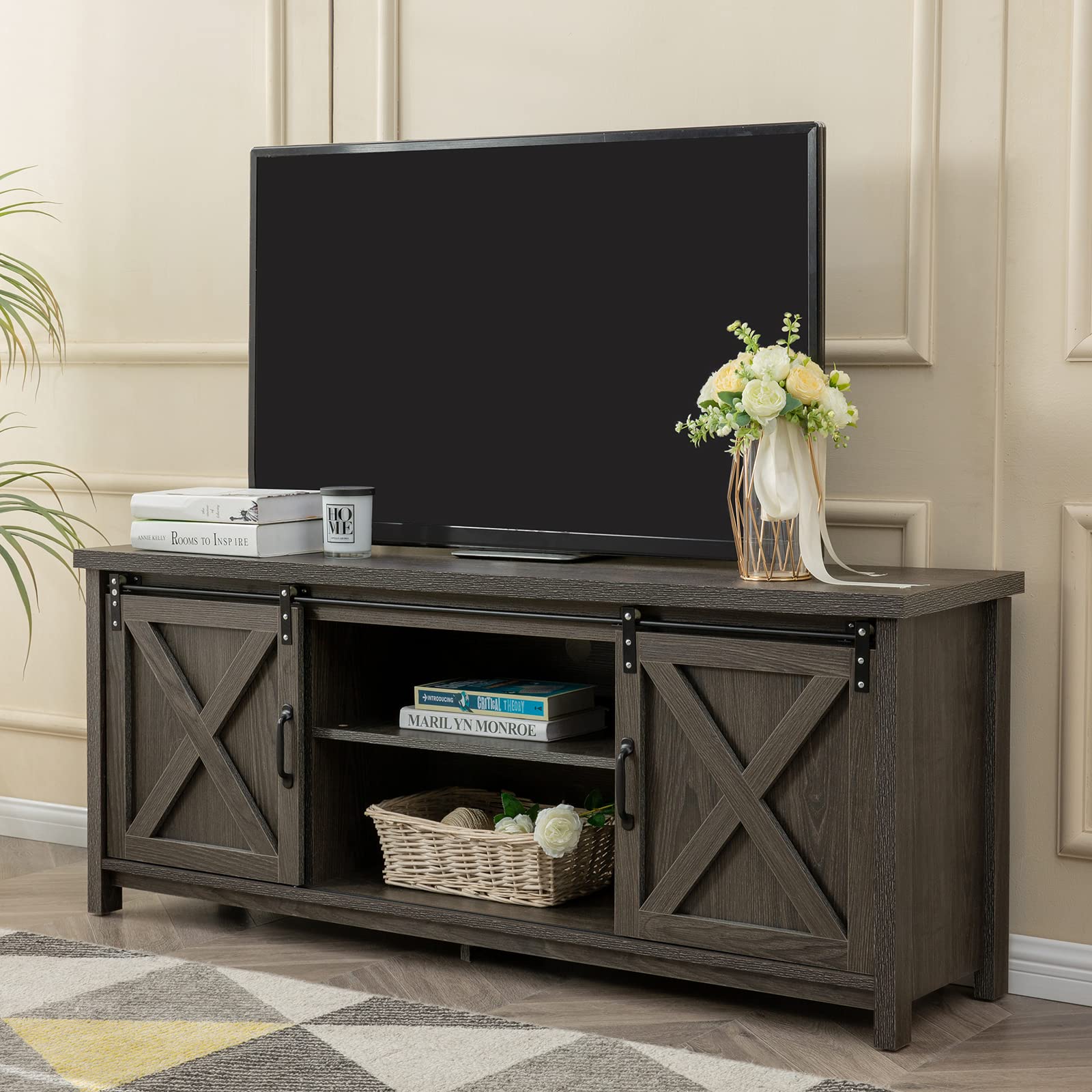 Modern Farmhouse TV Stand with Sliding Barn Doors - 65 Inch Media Console with 2-Tier Storage Cabinets - Rustic Entertainment Center for Living Room & Bedroom - Dark Grey - Perfect for Farmhouse Decor & Home Theater Setup