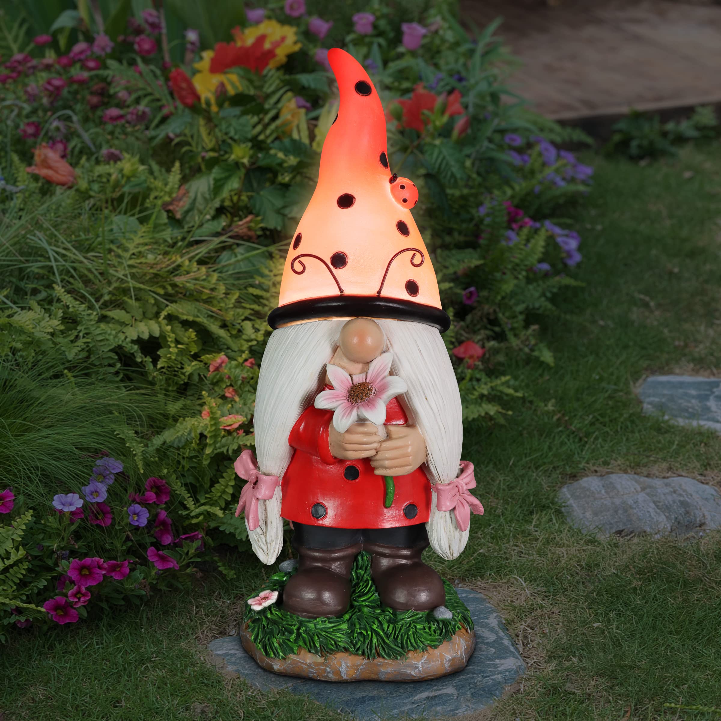 Solar-Powered Ladybug Gnome Statue with LED Lights – 5 x 5.5 x 12.5 Inch Outdoor Garden Decor for Lawn, Yard & Patio – Exhart Garden Gnome with Red Hat & Pink Flower – Perfect for Backyard, Flower Beds & Gift Giving