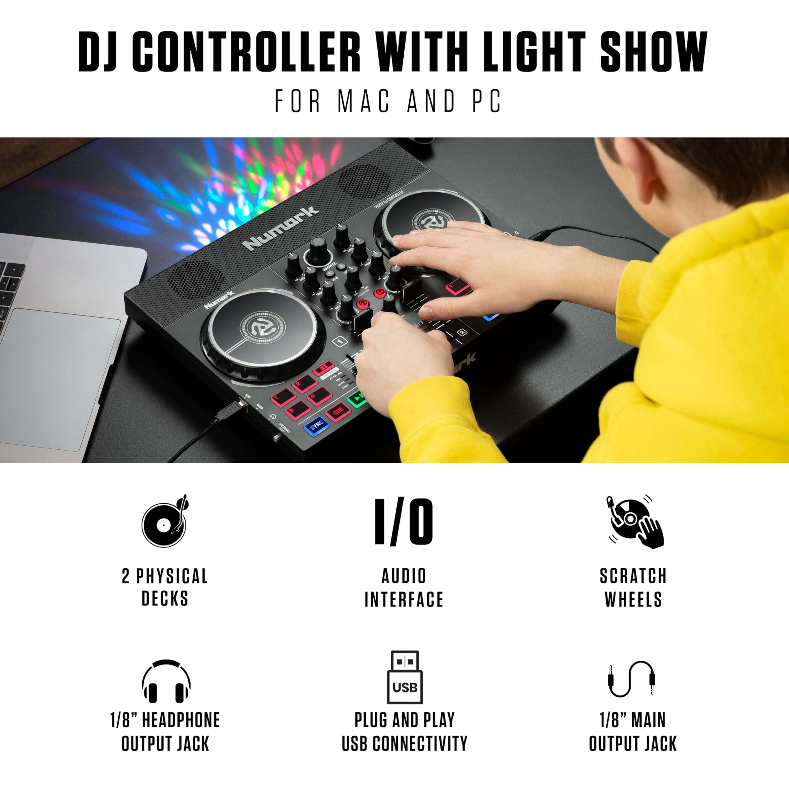 Numark Party Mix Live DJ Controller with HF125 Headphones - Complete DJ Set with Lights, Speakers, Mixer for Adults & Kids | Perfect for Home Parties, Birthday Events & Music Practice