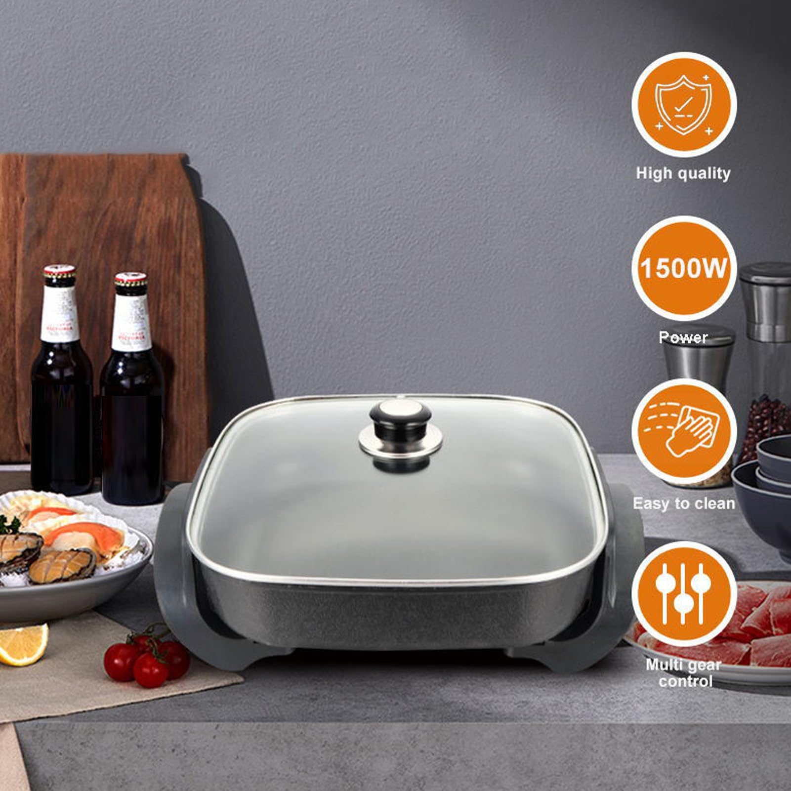 Non-Stick Electric Frying Pan with Transparent Lid - 12 Inch Large Capacity, Fast Heating, 110V US Plug for Home Kitchen | Perfect for Pancakes, Stir Fry & Family Cooking