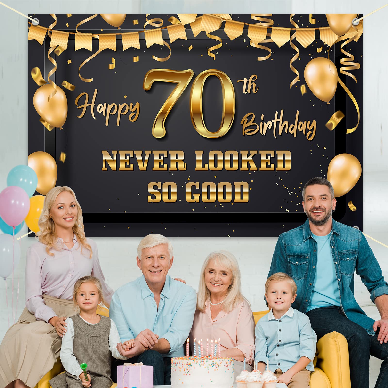 70 Never Looked So Good! HAMIGAR 6x4ft Funny Happy 70th Birthday Banner Backdrop - Gold & Black Party Decorations for Men & Women - Perfect for Milestone Birthday Celebrations, Retirement Parties & Anniversary Events