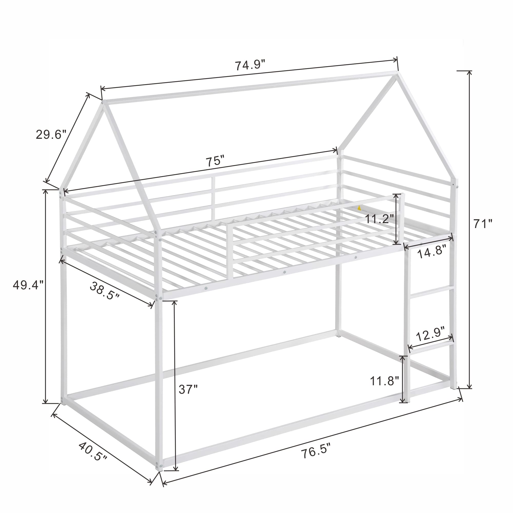 **Metal Twin Over Twin Bunk Bed with Roof - White House Bunk Beds for Kids & Toddlers - Space-Saving Floor Bed for Small Rooms, Playrooms & Sleepovers**
