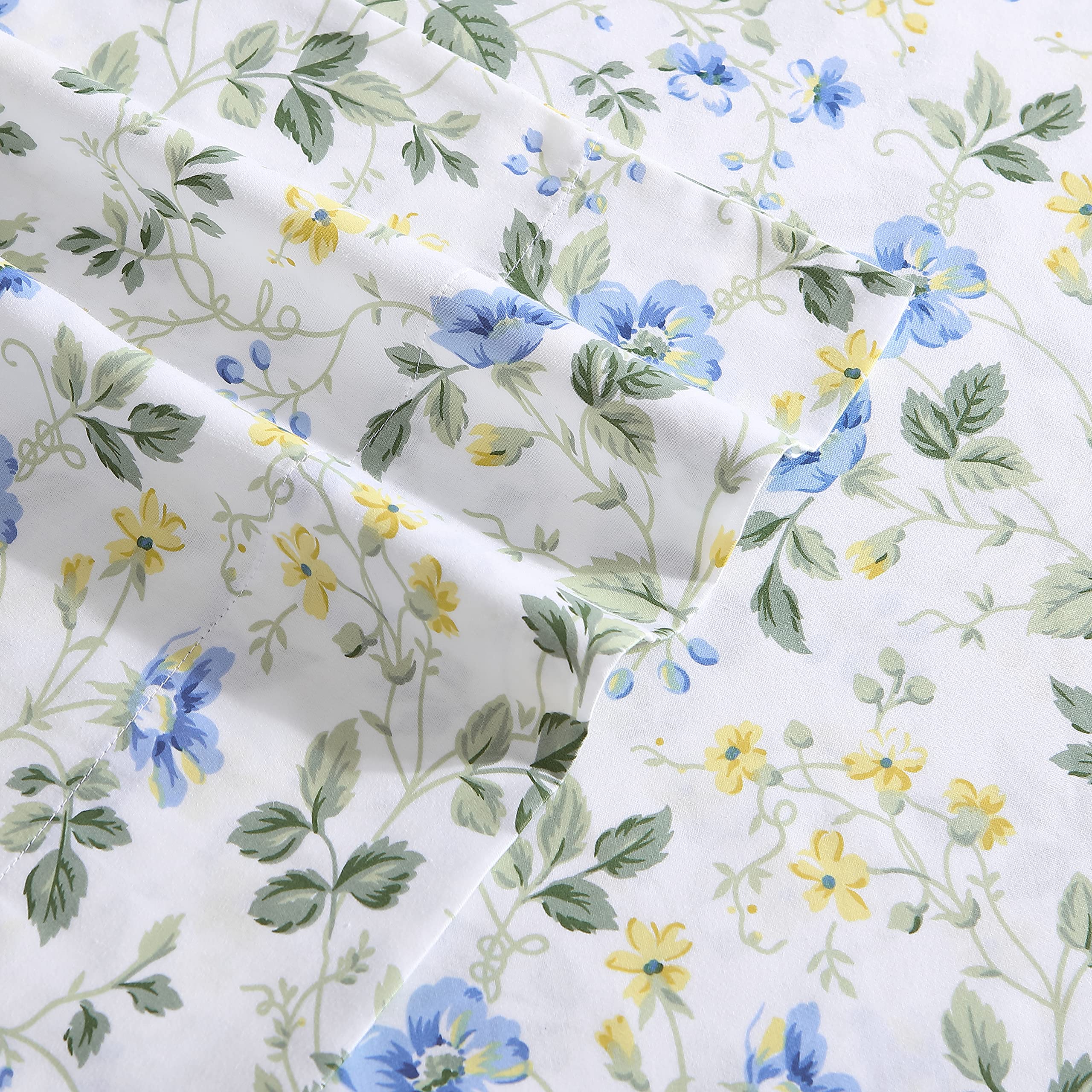 Laura Ashley Home - Queen Size 4-Piece Sateen Cotton Bedsheet Set | Ultra Soft & Breathable Bedding | Meadow Floral Blue Design | Perfect for Master Bedroom, Guest Room & Vacation Homes